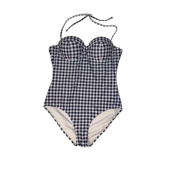 GAP Swimsuit Womens Large Blue White Check Plaid Underwired One Piece Halter NWT - Picture 1 of 12